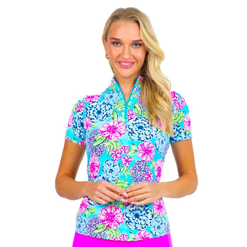 IBKUL Top XS L Larisa Turquoise Mock Neck Short Sleeve Golf Tennis PickleBall